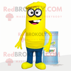 Lemon Yellow Aglet mascot costume character dressed with a Bootcut Jeans and Eyeglasses