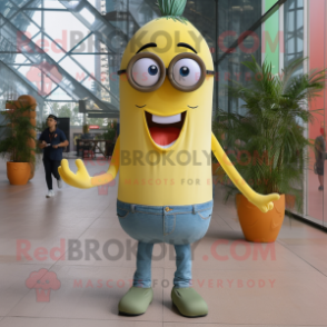 Lemon Yellow Aglet mascot costume character dressed with a Bootcut Jeans and Eyeglasses