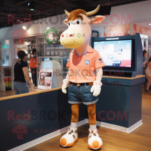 Peach Jersey Cow mascot costume character dressed with a Denim Shorts and Watches