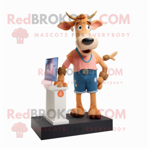 Peach Jersey Cow mascot costume character dressed with a Denim Shorts and Watches