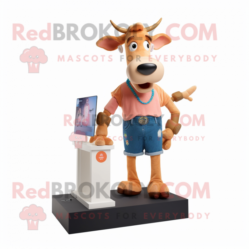 Peach Jersey Cow mascot costume character dressed with a Denim Shorts and Watches Peach Jersey Cow mascot costume character dressed with a Denim Shorts and Watches