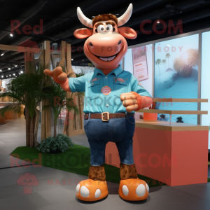 Peach Jersey Cow mascot costume character dressed with a Denim Shorts and Watches