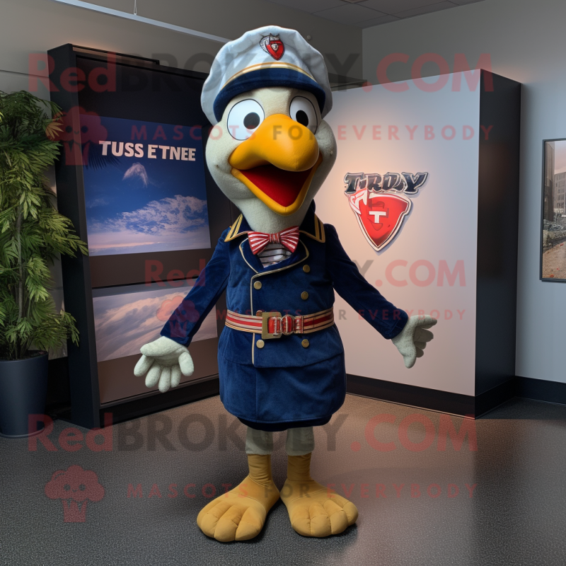 Navy Turkey mascot costume character dressed with a T-Shirt and Bow ties