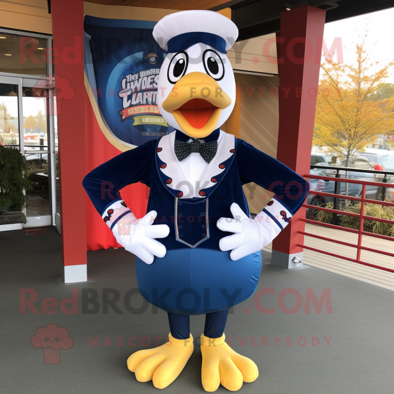 Navy Turkey mascot costume character dressed with a T-Shirt and Bow ties