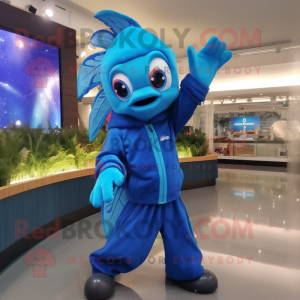 Blue Betta Fish mascot costume character dressed with a Windbreaker and Gloves