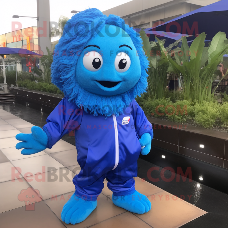 Blue Betta Fish mascot costume character dressed with a Windbreaker and Gloves