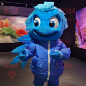 Blue Betta Fish mascot costume character dressed with a Windbreaker and Gloves