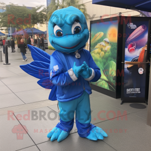 Blue Betta Fish mascot costume character dressed with a Windbreaker and Gloves