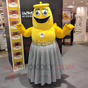 Gray Bottle Of Mustard mascot costume character dressed with a Pleated Skirt and Briefcases