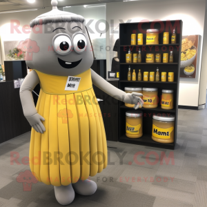 Gray Bottle Of Mustard mascot costume character dressed with a Pleated Skirt and Briefcases