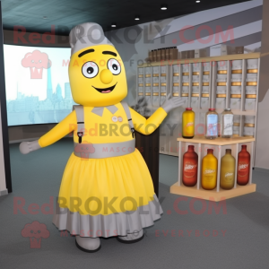 Gray Bottle Of Mustard mascot costume character dressed with a Pleated Skirt and Briefcases