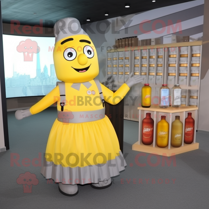 Gray Bottle Of Mustard mascot costume character dressed with a Pleated Skirt and Briefcases Gray Bottle Of Mustard mascot costume character dressed with a Pleated Skirt and Briefcases