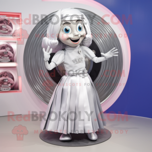 Silver Plate Spinner mascot costume character dressed with a Wrap Skirt and Hair clips