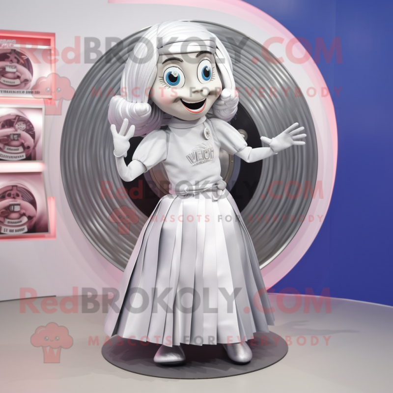Silver Plate Spinner mascot costume character dressed with a Wrap Skirt and Hair clips