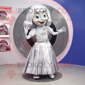 Silver Plate Spinner mascot costume character dressed with a Wrap Skirt and Hair clips