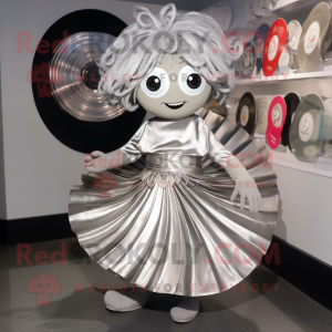 Silver Plate Spinner mascot costume character dressed with a Wrap Skirt and Hair clips