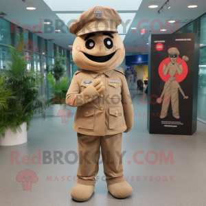Tan Army Soldier mascot costume character dressed with a Suit Jacket and Berets