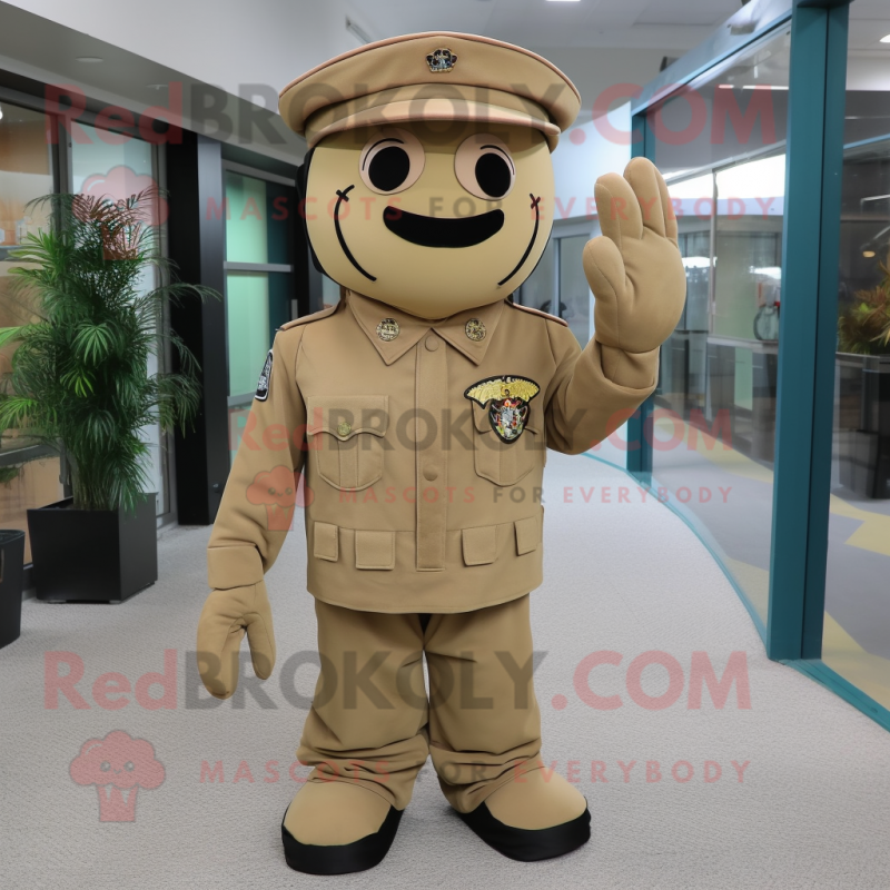 Tan Army Soldier mascot costume character dressed with a Suit Jacket and Berets Tan Army Soldier mascot costume character dressed with a Suit Jacket and Berets