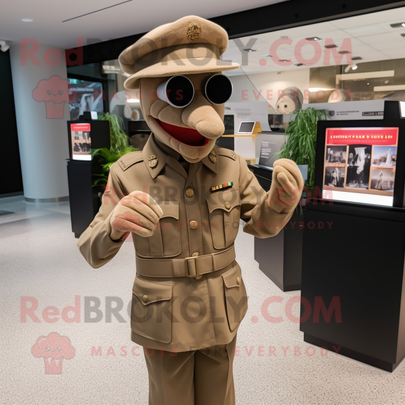 Tan Army Soldier mascot costume character dressed with a Suit Jacket and Berets