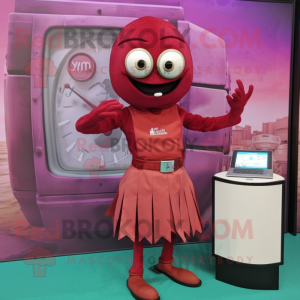 Maroon Shrimp Scampi mascot costume character dressed with a Maxi Skirt and Digital watches