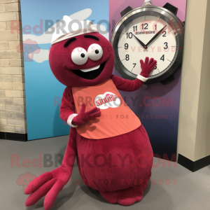 Maroon Shrimp Scampi mascot costume character dressed with a Maxi Skirt and Digital watches