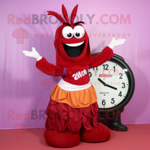 Maroon Shrimp Scampi mascot costume character dressed with a Maxi Skirt and Digital watches