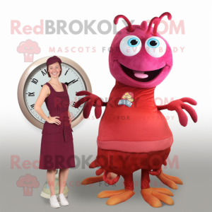 Maroon Shrimp Scampi mascot costume character dressed with a Maxi Skirt and Digital watches