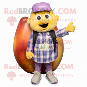 Lavender Mango mascot costume character dressed with a Flannel Shirt and Backpacks