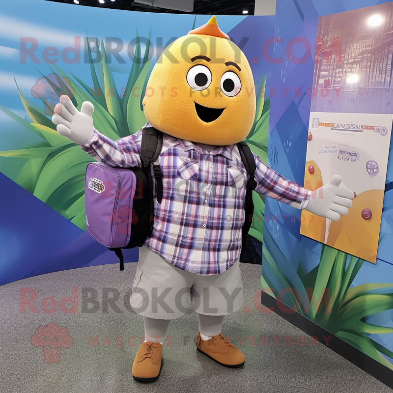 Lavender Mango mascot costume character dressed with a Flannel Shirt and Backpacks