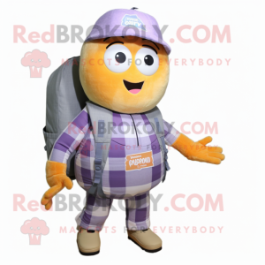 Lavender Mango mascot costume character dressed with a Flannel Shirt and Backpacks