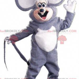 Mascotte de souris grise et blanche avec de grandes oreilles -