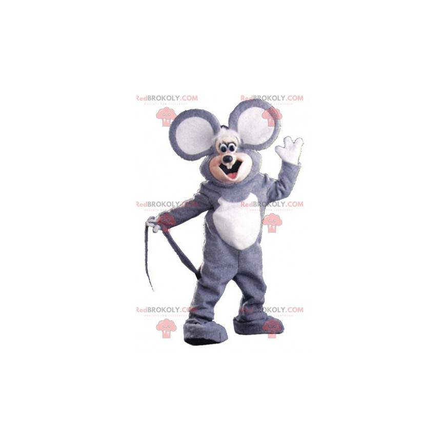 Mascote de rato cinza e branco com orelhas grandes -