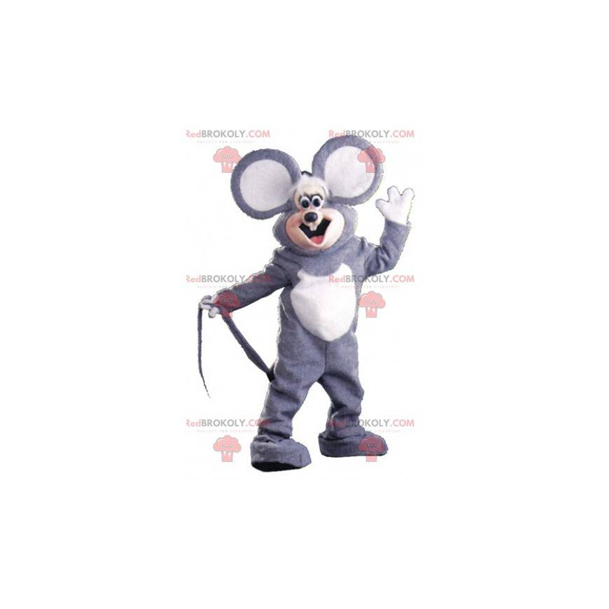 Mascotte de souris grise et blanche avec de grandes oreilles -