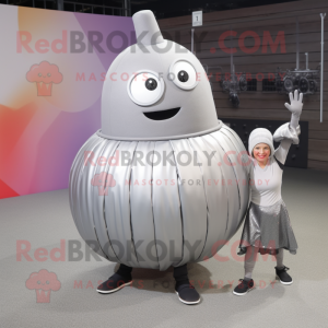 Silver Human Cannon Ball mascot costume character dressed with a Maxi Skirt and Foot pads