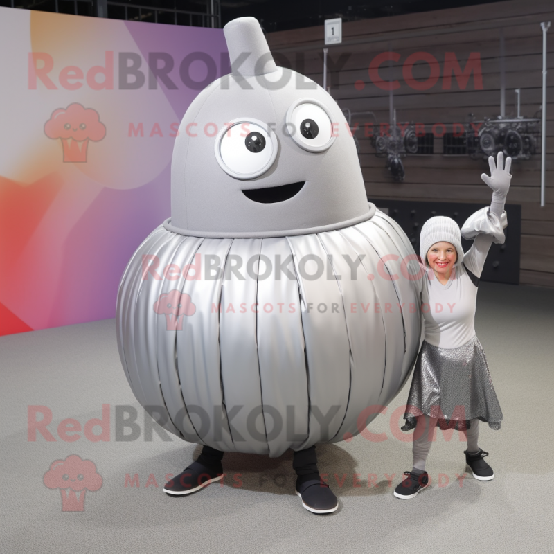 Silver Human Cannon Ball mascot costume character dressed with a Maxi Skirt and Foot pads Silver Human Cannon Ball mascot costume character dressed with a Maxi Skirt and Foot pads