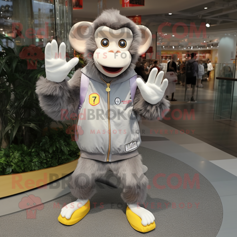 Gray Monkey mascot costume character dressed with a Windbreaker and Coin purses