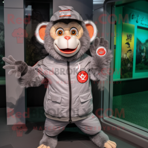 Gray Monkey mascot costume character dressed with a Windbreaker and Coin purses