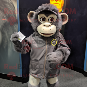 Gray Monkey mascot costume character dressed with a Windbreaker and Coin purses