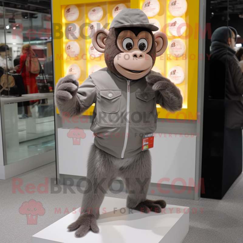 Gray Monkey mascot costume character dressed with a Windbreaker and Coin purses