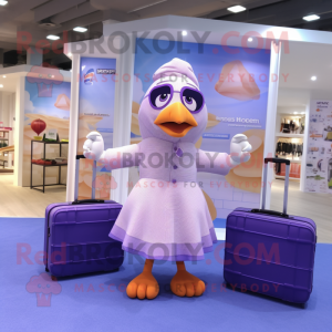 Lavender Turkey mascot costume character dressed with a One-Piece Swimsuit and Briefcases