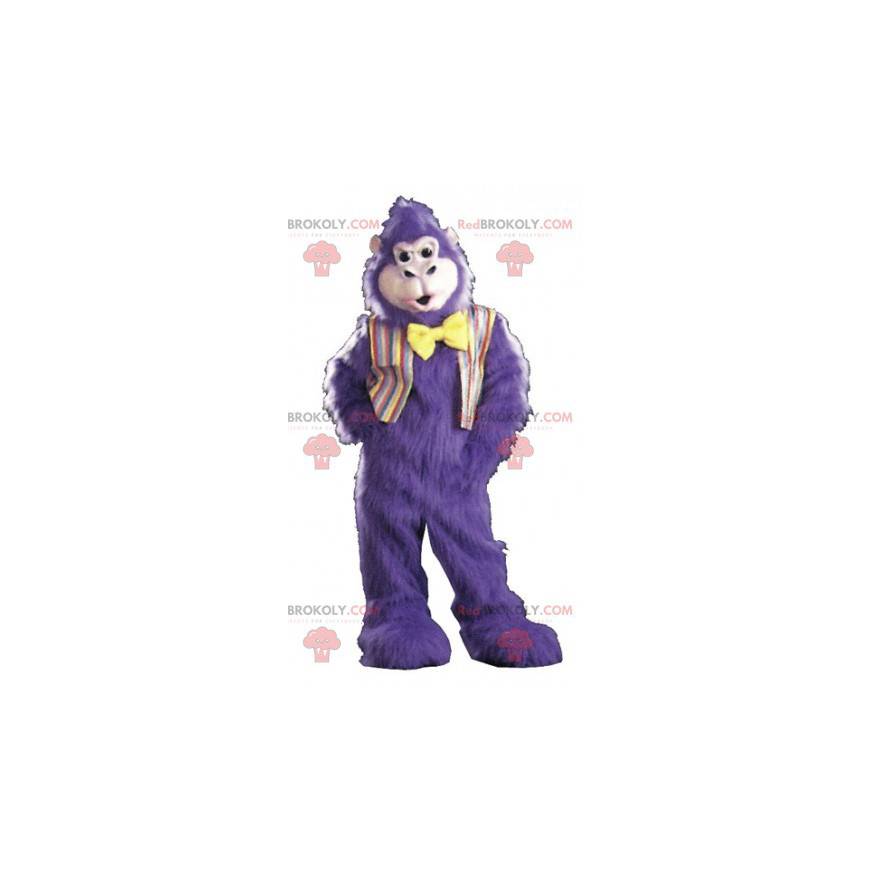 Mascotte de gorille violet très poilu avec un nœud papillon -