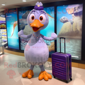Lavender Turkey mascot costume character dressed with a One-Piece Swimsuit and Briefcases