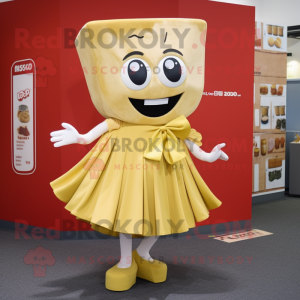 Gold Miso Soup mascot costume character dressed with a Dress and Shoe clips