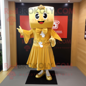 Gold Miso Soup mascot costume character dressed with a Dress and Shoe clips