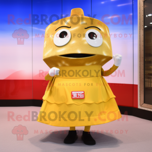 Gold Miso Soup mascot costume character dressed with a Dress and Shoe clips