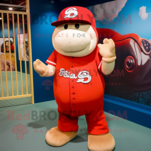 Red Stellar'S Sea Cow mascot costume character dressed with a Baseball Tee and Earrings