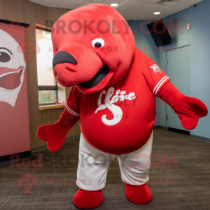 Red Stellar'S Sea Cow mascot costume character dressed with a Baseball Tee and Earrings