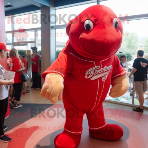 Red Stellar'S Sea Cow mascot costume character dressed with a Baseball Tee and Earrings