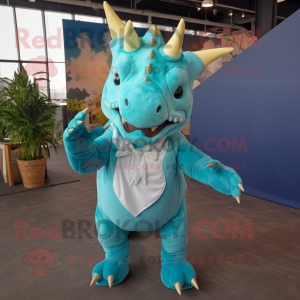 Cyaan Triceratops mascotte...