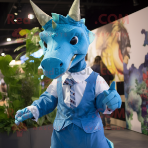 Cyan Triceratops mascot costume character dressed with a Poplin Shirt and Pocket squares
